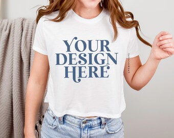 Bella Canvas 8882 flowy cropped tee mockup in white, BC8882 crop top mock up, woman model crop shirt, BC 8882 simple mockup, minimalist mock