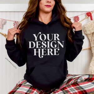 Gildan 18500 Christmas Mockup in black, Gildan hoodie Mockup, G185 model Mock up, Holiday Aesthetic mockups, Holiday sweater Mock ups