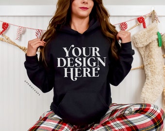 Gildan 18500 Christmas Mockup in black, Gildan hoodie Mockup, G185 model Mock up, Holiday Aesthetic mockups, Holiday sweater Mock ups