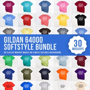 以下が含まれることがあります： さまざまな色の Gildan 64000 Softstyle Tシャツをフィーチャーした、30 枚のフラットレイモックアップ画像のセット。Tシャツは白い背景に配置され、各シャツには「YOUR DESIGN HERE」というテキストが印刷されています。