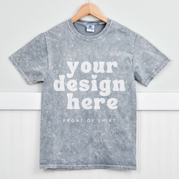 Colortone 1300 Grey Mock Up, Front and Back of Tshirt Hanging Mockup, Color tone unisex mineral wash tee mock-up, Minimal modern Shirt mock