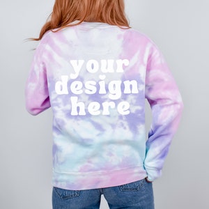 Back of Colortone 8100 mockup, Cotton Candy Mock up, Tie Dye Sweatshirt Mockups, Model tie-dyed Spring Sweater mock ups, modelled Crewneck