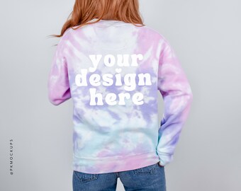 Back of Colortone 8100 mockup, Cotton Candy Mock up, Tie Dye Sweatshirt Mockups, Model tie-dyed Spring Sweater mock ups, modelled Crewneck