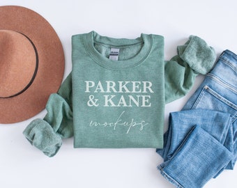 Gildan 18000 Mockup, Heather Sport Dark Green, sweater mock-up, Sweatshirt mockups, Printful print on demand, Printify flat lay mock up