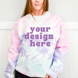 Colortone 8100 mockup, Cotton Candy Mock up, Tie Dye Sweatshirt Mockups, Minimal tie-dyed Spring Sweater mock ups, Simple modelled Crewneck