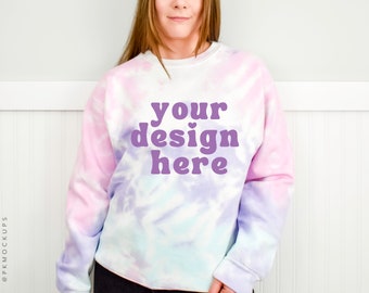 Colortone 8100 mockup, Cotton Candy Mock up, Tie Dye Sweatshirt Mockups, Minimal tie-dyed Spring Sweater mock ups, Simple modelled Crewneck