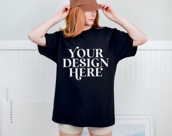 Gildan 5000 Mock up, Black Oversized model shirt Mockups, hipster model Mock-up, Print on demand, G5000 mock-up, minimalist lifestyle mockup