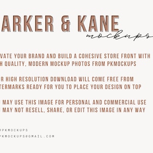 May include: A beige background with the text "PARKER & KANE mockups" in brown. The text below reads: "ELEVATE YOUR BRAND..." and "YOUR HIGH RESOLUTION DOWNLOAD..." and "YOU MAY USE THIS IMAGE..." with social media handles.