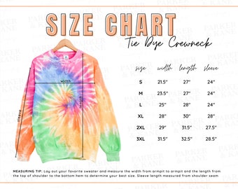 Colortone 8100 Size Chart, Eternity Tie Dye Sweater Measurements mock up, Sweatshirt Sizing Chart mockup, Crewneck sizing listing photo