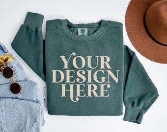 Comfort Colors 1566 Mockup, Blue Spruce C1566 Flatlay Mock up, Folded flat lay sweater mockups, Retro sweatshirt mocks, Simple Boho vibes