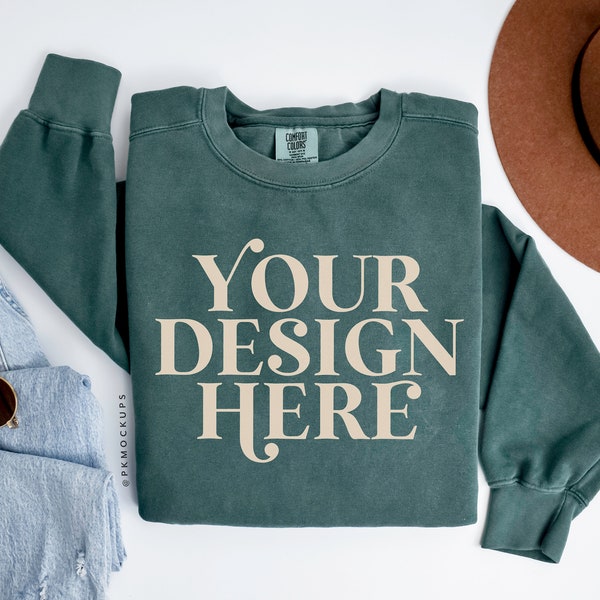 Comfort Colors 1566 Mockup, Blue Spruce C1566 Flatlay Mock up, Folded flat lay sweater mockups, Retro sweatshirt mocks, Simple Boho vibes