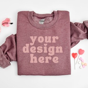 Gildan 18000 Heather Sport Dark Maroon, Crewneck Mockup, G180 Sweatshirt Mock up, Valentines Sweater mockups, Printify Flatlay, POD mock