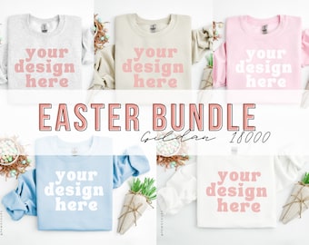 Gildan 18000 Mockup Bundle, mock up di Pasqua, flatlay primaverile, mock-up di sabbia, Ash G18000 piegato, mock-up di maglione azzurro, felpa bianca