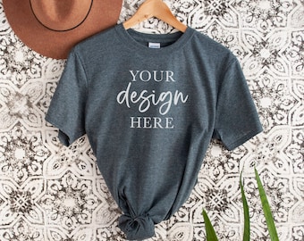 Gildan 64000 Mockup, Dark heather, T-shirt Mockup Grey, Printful Gildan Mock, image template, Softstyle 64000 mock-up