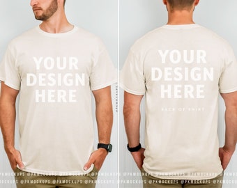 Gildan 5000 Mens Natural Mockup, Mens Front and Back of Heavy cotton shirt, male model Mock up, simple G5000 mock, man minimalist lifestyle