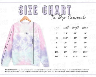 Colortone 8100 Size Chart, Cotton Candy Sweater Measurements mock up, Tye Dye Sweatshirt Sizing Chart mockup, Crewneck sizing listing photo