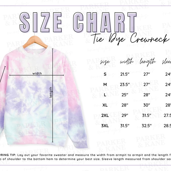 Colortone 8100 Size Chart, Cotton Candy Sweater Measurements mock up, Tye Dye Sweatshirt Sizing Chart mockup, Crewneck sizing listing photo