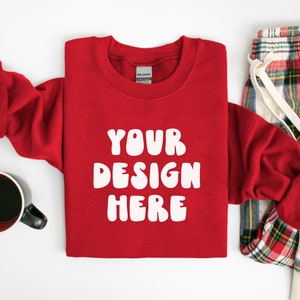 Red Gildan 18000 mockup, Christmas Mock-up, Sweatshirt G180 mockups, Festive holiday sweater mock up, Gildan 18000, Print on demand mocks