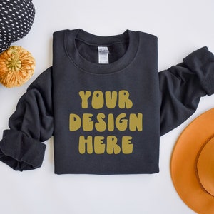 Gildan 18000 Mockup, Fall Sweatshirt mockup, black sweater mock-up, Autumn mock up, Printful print on demand mock, Printify folded flatlay