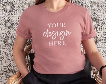 Bella and Canvas 3001 Mockup, Mauve tshirt mock-up, bella canvas cvc model mockups, Boho modelled blank tee, instant digital download