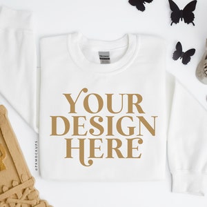 White Gildan 18000 Mockup, Boho Halloween Sweatshirt Mock up, Crewneck Flat lay Mockups, Neutral Fall Flatlay Sweater mockup, Printful G180