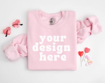 Light Pink Gildan 18000, Crewneck Mockup, G180 Sweatshirt Mock up, Valentine Sweater mockups, Printify Flatlay, Print on demand Crew neck