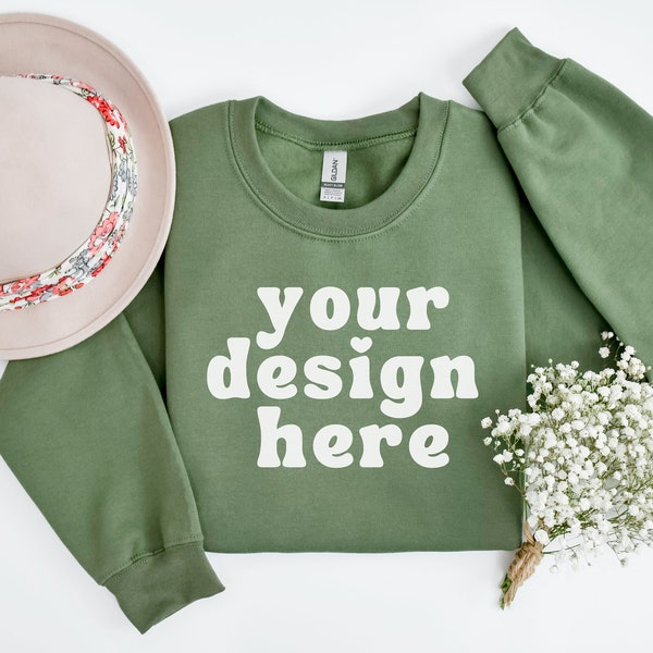 Gildan 18000 Military Green Crewneck Mockup, Sweatshirt Mock up, Flat lay Mockups, G18000 Mock-up, Spring Sweater mock, Printful Flatlay