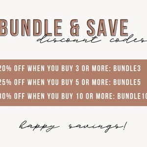 May include: A graphic with the text "BUNDLE & SAVE discount codes" in brown text with a black outline. The graphic lists three discount codes: BUNDLE3 for 20% off when you buy 3 or more items, BUNDLE5 for 25% off when you buy 5 or more items, and BUNDLE10 for 30% off when you buy 10 or more items. The graphic also includes the text "happy savings!" in black cursive.