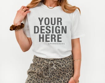 Gildan 64000 White tshirt mockup Softstyle tee Mock up Gildan mocks boho white background model Mock-up POD tee Modeled mock aesthetic
