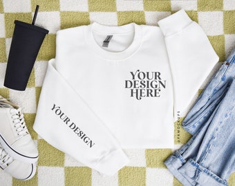 Gildan 18000 Sleeve Mockup White, G180 Flatlay Sweatshirt mock up, Folded Flat lay sweater mock-up, Print on demand Gildan18000 mockups,