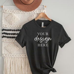 Printful Tee Mockup, Black Bella Canvas 3001, Boho Tshirt Hanging blank tee photo, High resolution digital photography download