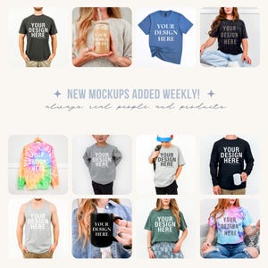 May include: A collection of mockups featuring various apparel and drinkware. Includes t-shirts, a long-sleeve shirt, a tie-dye sweatshirt, a tank top, a mug, and a glass with a straw. Each item displays the text "YOUR DESIGN HERE".