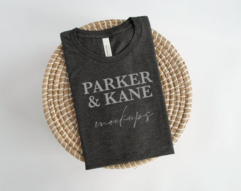 Bella Canvas 3001 cvc Mockup, Heather Dark Grey, Boho blank tee shirt photo, Folded Flat Tee Mock-up, Print on demand mocks, Printful mock