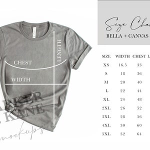May include: A size chart for Bella + Canvas 3001 t-shirts, showing measurements in inches for width, chest, and length for sizes XS to 5XL.