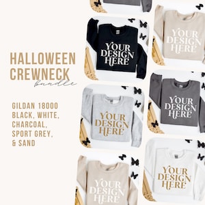 Gildan 18000 mockup-bundel, neutrale Halloween-flatlay-trui mock-ups, G18000 Boho-mockets met ronde hals, opgevouwen platliggend sweatshirtmodel