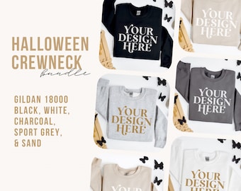 Pacchetto di mockup Gildan 18000, mockup di maglioni flatlay neutri per Halloween, mockup di maglioni girocollo Boho G18000, mockup di felpa flatlay piegata