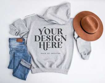 Back of  Gildan 18500, Sport Grey Mockup of Hoodie backside, Flatlay G185 Sweatshirt, Flat lay Mock up, modern Mock-up, simple Sweater mock