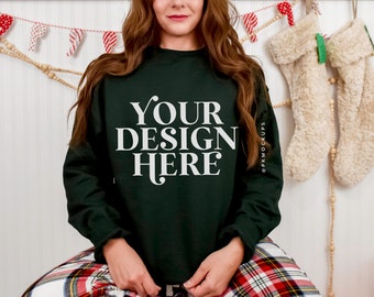 Gildan 18000 Christmas Mockup Sweatshirt in Forest, G180 holiday crewneck mock up, Ugly sweater mock-up, Xmas themed Print on demand mocks