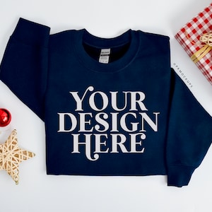 Gildan 18000 Mockup Navy Blue, Christmas Sweatshirt mock up, G180 mockups, holiday crewneck, folded flatlay sweater mock-up, Print on demand