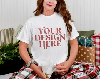 Comfort Colors 1717 Mockup, White C1717 Christmas tshirt Mock up, Retro holiday tshirt mockups, Winter tee modeled, Festive vibes shirt mock