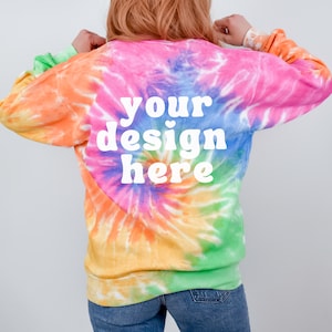Back of Colortone 8100 Eternity mockup, Tie Dye Sweatshirt Mock up, Spring Sweater mockups, Summer Modelled Crewneck mock, Print on Demand