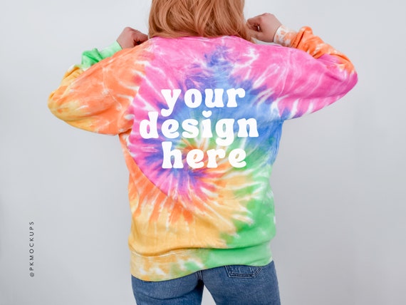 Back of Colortone 8100 Eternity mockup, Tie Dye Sweatshirt Mock up, Spring Sweater mockups, Summer Modelled Crewneck mock, Print on Demand