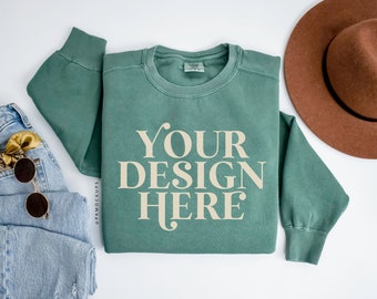 Comfort Colors 1566 Mockup, Light Green C1566 Flatlay Mock up, Folded flat lay sweater mockups, Retro sweatshirt mocks, Simple Boho vibes