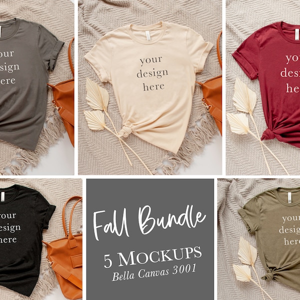 Fall Tee Mockup Bundle, Bella Canvas 3001, leeres Kleidungsstück flach liegend, gestaltetes Foto, hochauflösender digitaler Download