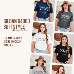 Gildan 64000 Mockup Bundle, G64000 Softstyle mock up, Fall Boho mock-up, lifestyle POD Mocks, White, black, navy, Sport Grey, Dark Heather