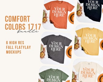 Pacote de mockups Fall Comfort Colors 1717, mockups de camisas Autumn C1717, mockups flatlay simples em mostarda, preto, pimenta, inhame, musgo e marfim