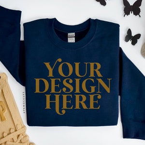Halloween Gildan 18000 Mockup, Boho Navy Sweatshirt Mock up, Crewneck Flat lay Mockups, Fall Flatlay Sweater mockup, Printful G180 mockup