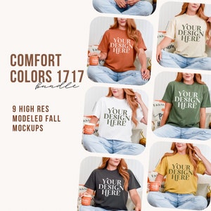 May include: A mockup bundle of nine high-resolution images featuring a variety of t-shirt colours. Each image shows a model wearing a different colour t-shirt with the text "YOUR DESIGN HERE" printed on the front. The t-shirts are modelled in a casual setting with autumn-themed decor.