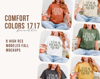 Pode incluir: Um pacote de maquetes de nove imagens de alta resolução que apresentam uma variedade de cores de camisetas. Cada imagem mostra um modelo usando uma camiseta de uma cor diferente com o texto "YOUR DESIGN HERE" impresso na frente. As camisetas são modeladas em um ambiente informal com decoração de outono.