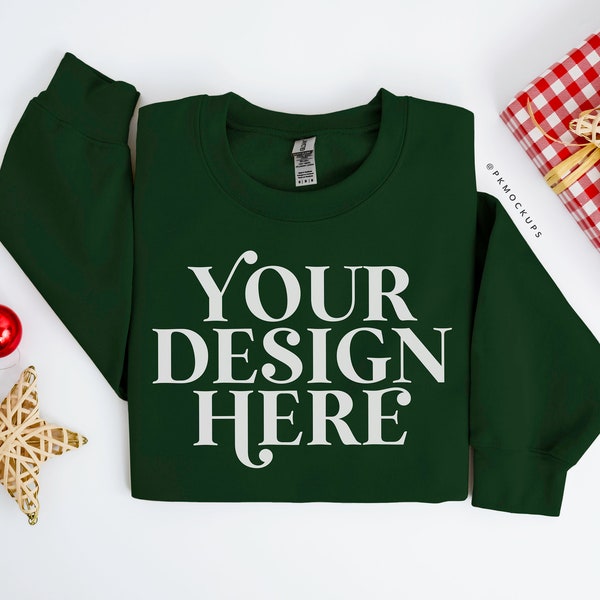 Gildan 18000 Mockup Forest, Christmas Sweatshirt mock up, G180 mockups, holiday crewneck, folded flatlay sweater mock-up, Print on demand